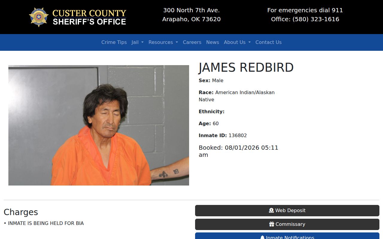 Custer County booking detail format used to locate released inmate mugshots