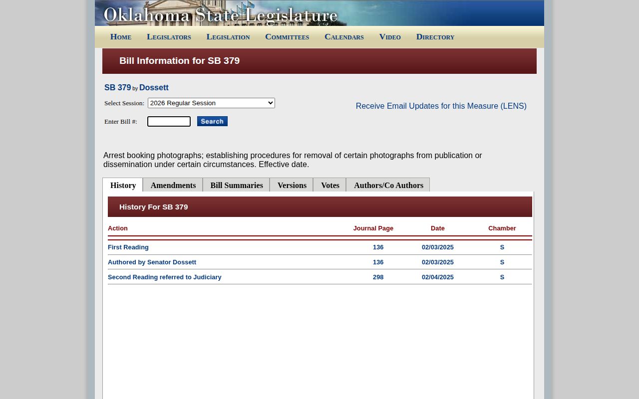 Oklahoma SB 379 history relevant to Custer County released inmate mugshot removal