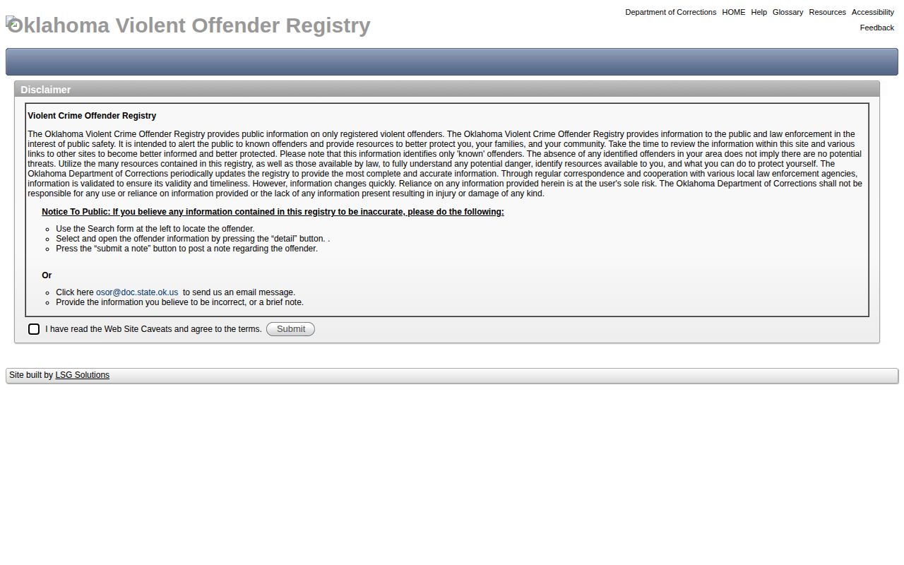 Oklahoma violent offender registry photo channel for qualifying Custer County released inmates