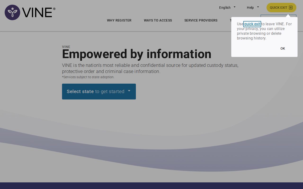 VINELink access screen for Custer County inmate release checks and alerts